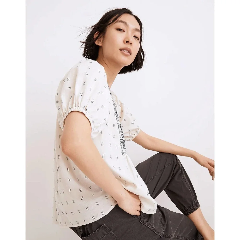 Madewell Embroidered-Yoke Top in Clipdot White Sz Small
